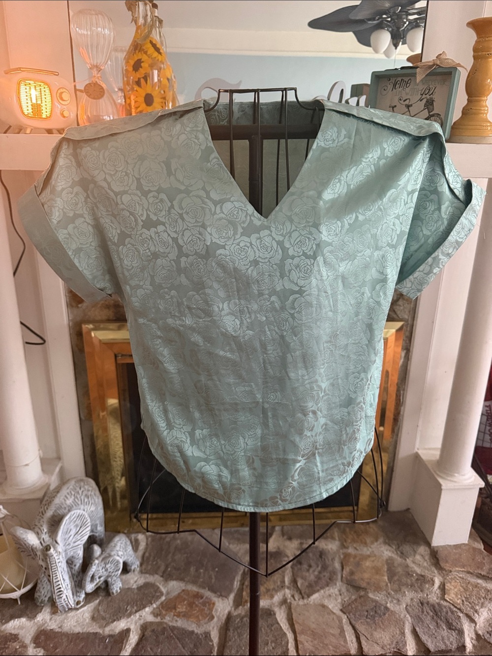 Sage Floral Jacquard V-Neck Blouse